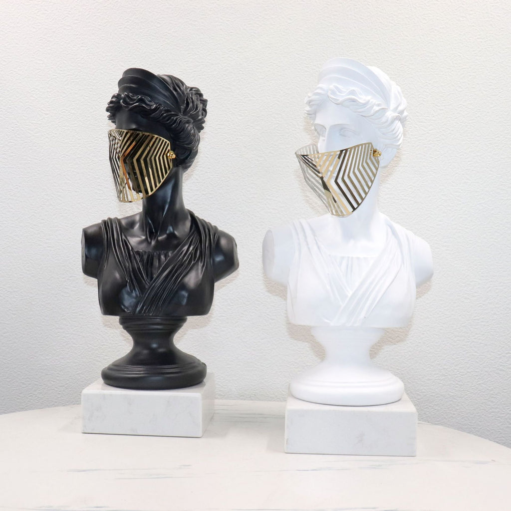Modern Greek Goddess Bust Sculpture with Geometric Metal Mask