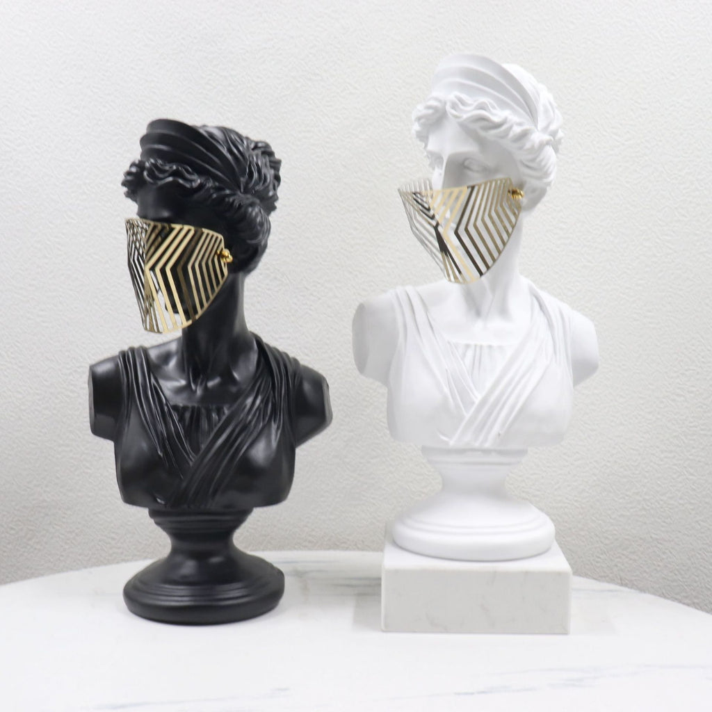 Modern Greek Goddess Bust Sculpture with Geometric Metal Mask