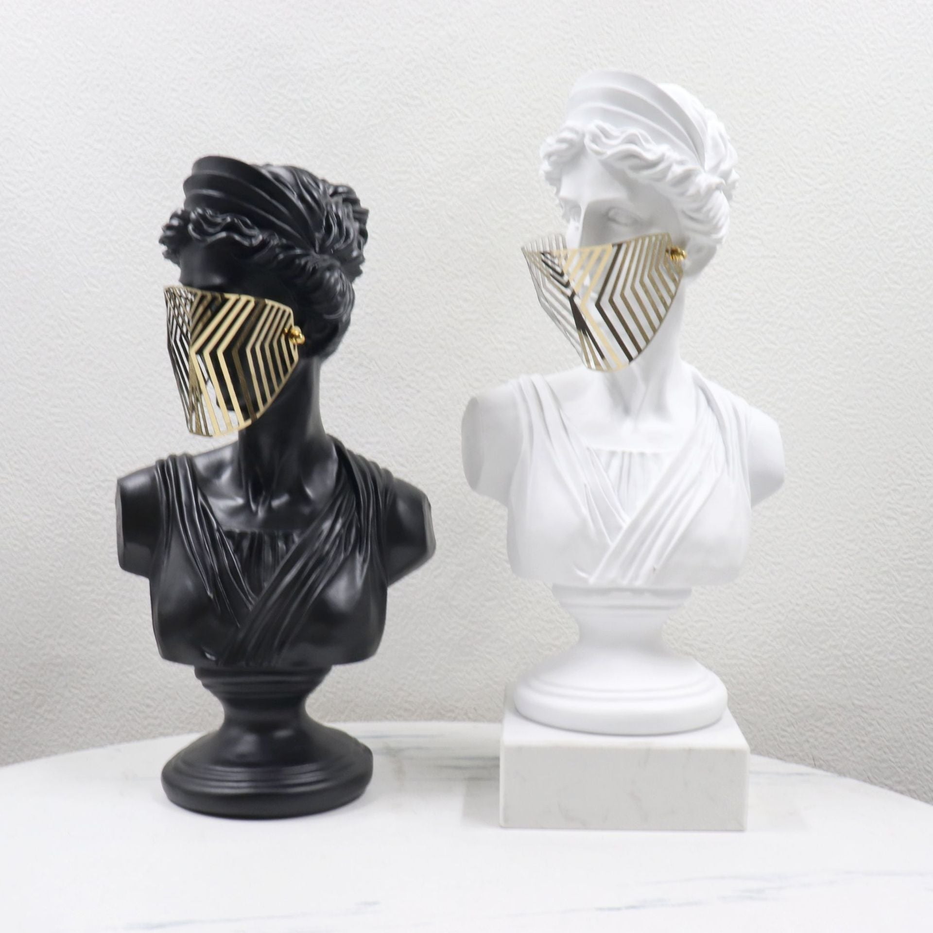 Modern Greek Goddess Bust Sculpture with Geometric Metal Mask