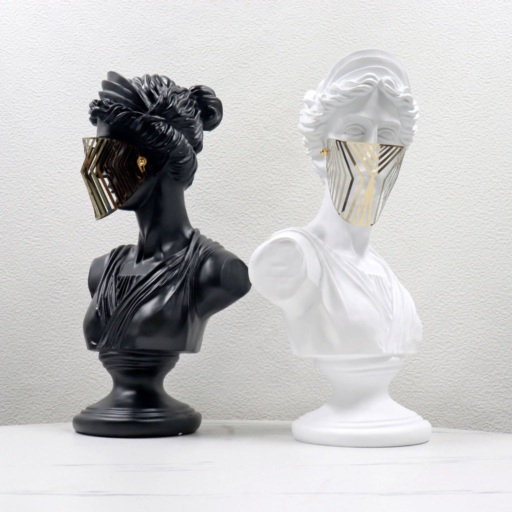 Modern Greek Goddess Bust Sculpture with Geometric Metal Mask