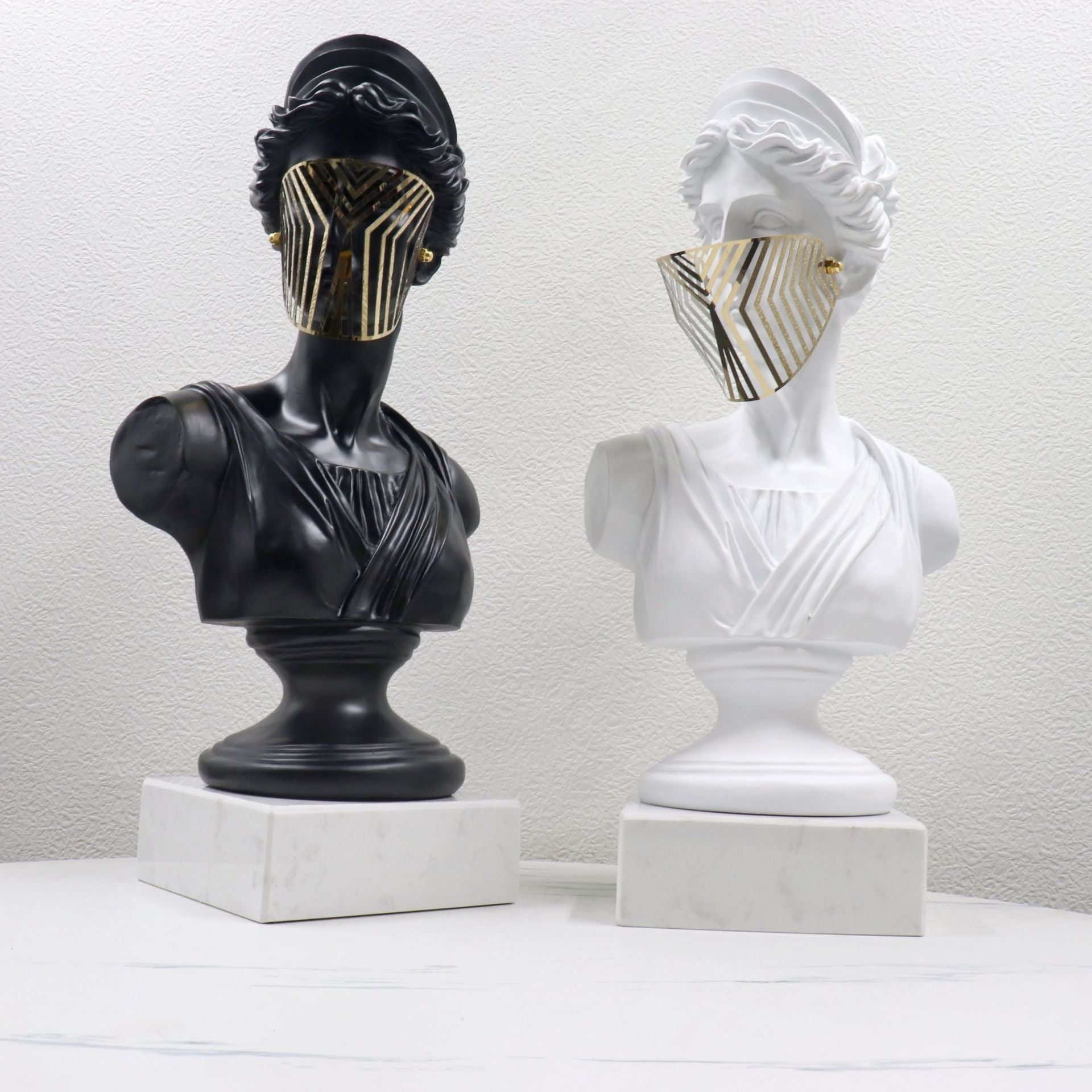 Modern Greek Goddess Bust Sculpture with Geometric Metal Mask